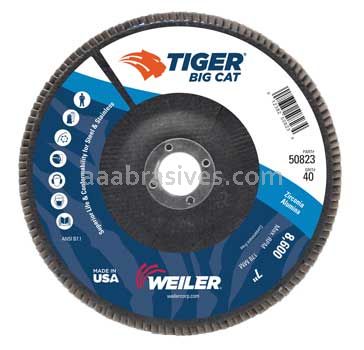 Weiler 50823 7" Big Cat Abrasive Flap Disc Flat Type 27 Phenolic Backing 40 Z 7/8" Arbor Hole