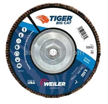 Weiler 50843 7" Big Cat Abrasive Flap Disc Flat Type 27 Phenolic Backing 40 Z 5/8"-11 UNC Nut