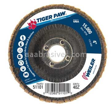 Weiler 51101 4" Tiger Paw Abrasive Flap Disc Flat Type 27 Phenolic Backing 40 Z 5/8" Arbor Hole