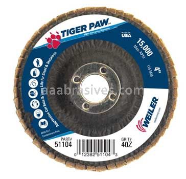 Weiler 51104 4" Tiger Paw Abrasive Flap Disc Conical Type 29 Phenolic Backing 40 Z 5/8" Arbor Hole