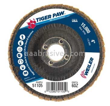 Weiler 51105 4" Tiger Paw Abrasive Flap Disc Conical Type 29 Phenolic Backing 60 Z 5/8" Arbor Hole