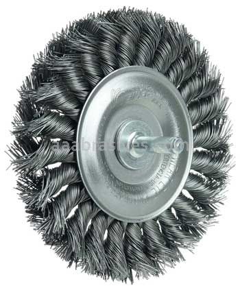 Weiler 17687V 4" Stem-Mounted Knot Wire Wheel .014" Steel Fill 1/4" Stem Vending Ready