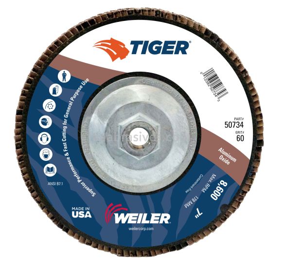 Weiler 50734 - 7" 60AO, 5/8"-11 A.H., Tiger Disc Abrasive Flap Disc, Flat - 012382507343