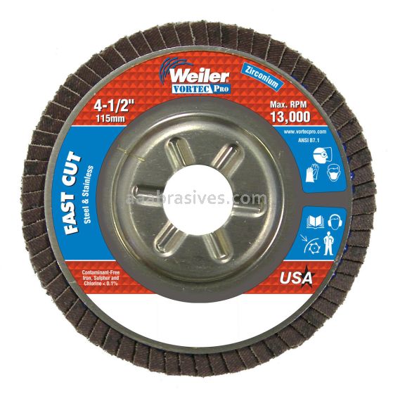 Weiler 31307 - 4-1/2" , 36Z, 7/8" A.H., Vortec Pro Abrasive Flap Disc, Angled, Aluminum Backing - 012382313074