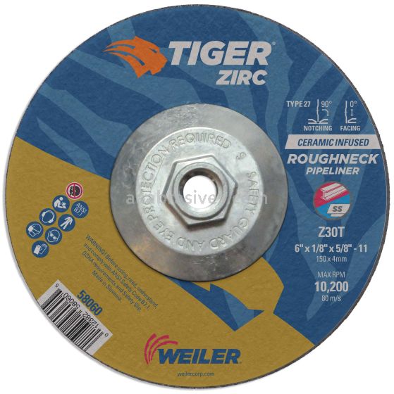 Weiler 58060 6" x 1/8" TIGER ZIRC Type 27 Roughneck Pipeline Wheel, Z30T, 5/8"-11 Nut 6804 22 1000
