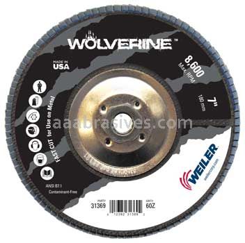 Weiler 31369 7" Wolverine Abrasive Flap Disc Conical Type 29 Phenolic Backing 60 Z 5/8"-11 UNC Nut