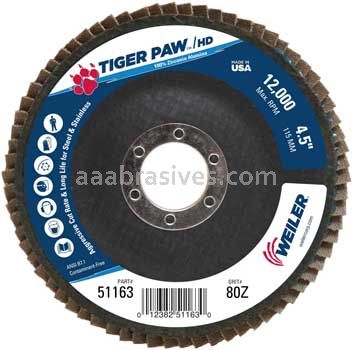 Weiler 51163 4-1/2" Tiger Paw Super High Density Flap Disc Flat Type 27 Phenolic Backing 80 Z 7/8" Arbor Hole