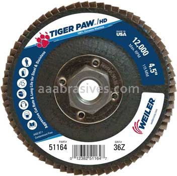 Weiler 51164 4-1/2" Tiger Paw Super High Density Flap Disc Flat Type 27 Phenolic Backing 36 Z 5/8"-11 UNC Nut