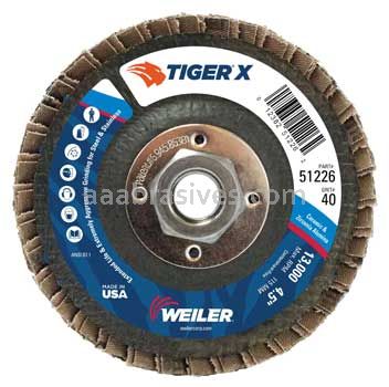 Weiler 51226 4-1/2" Tiger X Flap Disc Flat Type 27 Phenolic Backing 40 Z 5/8-11" Arbor Hole