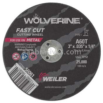Weiler 56061 3" x .035" Wolverine Type 1 Cut-Off Wheel A60T 1/4" AH