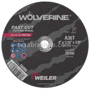 Weiler 56086 4" x 1/16" Wolverine Type 1 Cut-Off Wheel A36T 3/8" AH