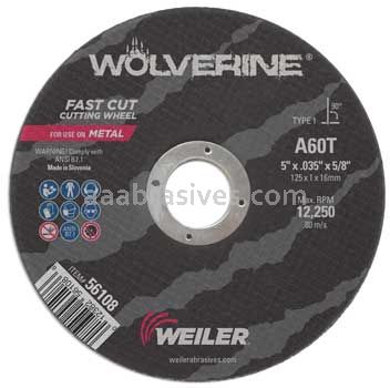 Weiler 56108 5" x .035" Wolverine Type 1 Cut-Off Wheel A60T 5/8" AH