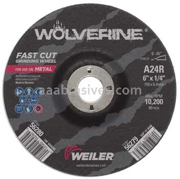 Weiler 56280 6" x 1/4" Wolverine Type 27 Grinding Wheel A24R 7/8" AH