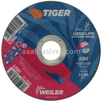 Weiler 57081 4-1/2" x 3/32" TIGER AO Type 27 Cutting Wheel A36S 7/8" AH