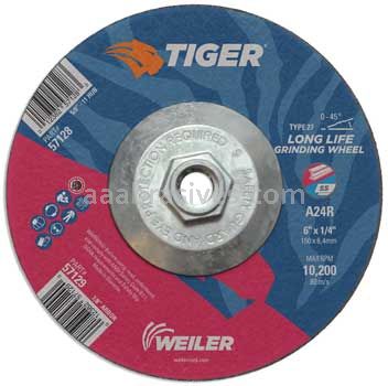 Weiler 57128 6" x 1/4" TIGER AO Type 27 Grinding Wheel A24R 5/8"-11 Nut