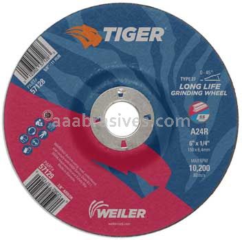Weiler 57129 6" x 1/4" TIGER AO Type 27 Grinding Wheel A24R 7/8" AH