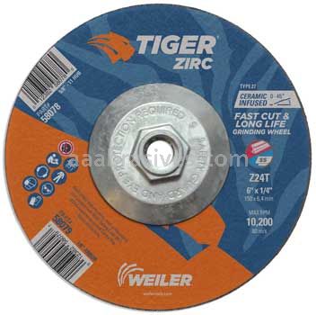 Weiler 58078 6" x 1/4" TIGER ZIRC Type 27 Grinding Wheel Z24T 5/8"-11 Nut