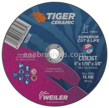 Weiler 58348 4" x 1/16" TIGER CERAMIC Type 1 Cut-Off Wheel CER36T 3/8" AH
