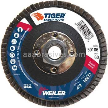 Weiler 50106 4-1/2" Tiger Ceramic Abrasive Flap Disc Conical Type 29 Phenolic Back