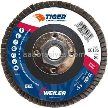 Weiler 50135 4-1/2 Tiger Ceramic High Density Type 27 Abrasive 80C 5/8"-11 UNC Nut