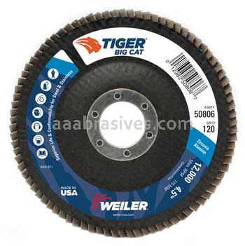 Weiler 50806 4-1/2" Big Cat Abrasive Flap Disc Flat Type 27 Phenolic Backing 120 Z 7/8" Arbor Hole