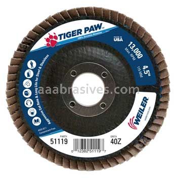 Weiler 51119V 4-1/2" Tiger Paw Flap Disc Conical Type 29 Phenolic Backing 40 Z 7/8" Arbor Hole Vending Ready