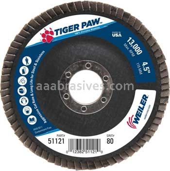 Weiler 51121 4-1/2" Tiger Paw Abrasive Flap Disc Angled Type 29 Phenolic Backing 80 Z 7/8" Arbor Hole