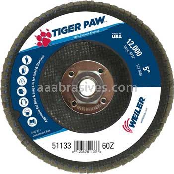 Weiler 51133 5" Tiger Paw Abrasive Flap Disc Conical Type 29 Phenolic Backing 60 Z 5/8"-11 UNC Nut