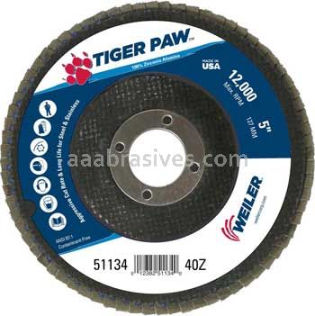 Weiler 51134 5" Tiger Paw Abrasive Flap Disc Flat Type 27 Phenolic Backing 40 Z 7/8" Arbor Hole