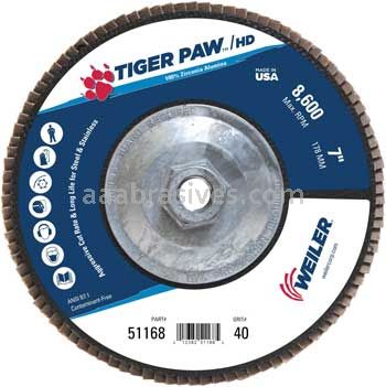 Weiler 51168 7" Tiger Paw Super High Density Flap Disc Flat Type 27 Phenolic Backing 40 Z 5/8"-11 UNC Nut