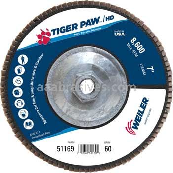 Weiler 51169 7" Tiger Paw Super High Density Flap Disc Flat Type 27 Phenolic Backing 60 Z 5/8"-11 UNC Nut