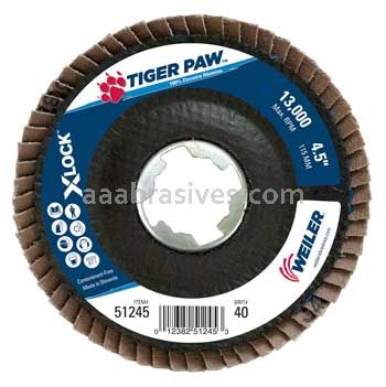 Weiler 51245 4-1/2" Tiger Paw Abrasive Flap Disc Angled Phenolic Backing 40 Z X-LOCK Arbor Hole