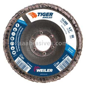 Weiler 51301 4-1/2 Tiger Angled Radial Zirc Flap Disc 60 Z 7/8 Arbor Hole