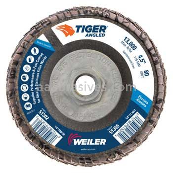 Weiler 51305 4-1/2 Tiger Angled Radial Zirc Flap Disc 80 Z 5/8-11 Nut