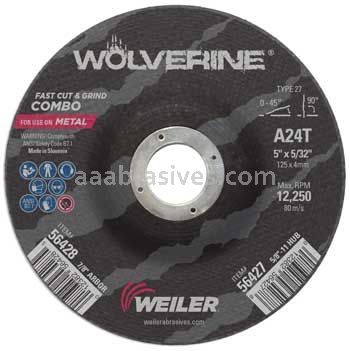 Weiler 56428 5" x 1/8" Wolverine Type 27 Cut/Grind Combo Wheel A24T 7/8" AH