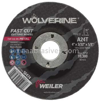 Weiler 56474 4" x 3/32" Wolverine Type 27 Cutting Wheel A24T 5/8" AH