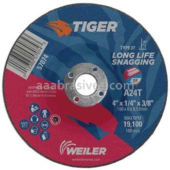Weiler 57074 4" x 1/4" TIGER AO Type 27 Grinding Wheel A24T 3/8" AH
