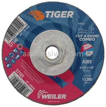 Weiler 57100 4-1/2" x 1/8" TIGER AO Type 27 Cut/Grind Combo Wheel A30S 5/8"-11 Nut