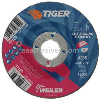 Weiler 57101 4-1/2" x 1/8" TIGER AO Type 27 Cut/Grind Combo Wheel A30S 7/8" AH