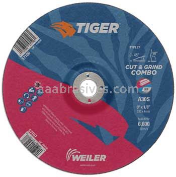 Weiler 57107 9" x 1/8" TIGER AO Type 27 Cut/Grind Combo Wheel A30S 7/8" AH