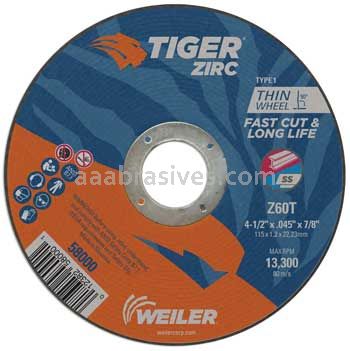 Weiler 58000 4-1/2" x .045" TIGER ZIRC Type 1 Cut-Off Wheel Z60T 7/8" AH