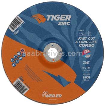 Weiler 58058 9" x 1/8" TIGER ZIRC Type 27 Cut/Grind Combo Wheel Z30T 7/8" AH