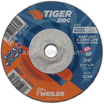 Weiler 58070 4-1/2" x 1/4" TIGER ZIRC Type 27 Grinding Wheel Z24T 5/8"-11 Nut