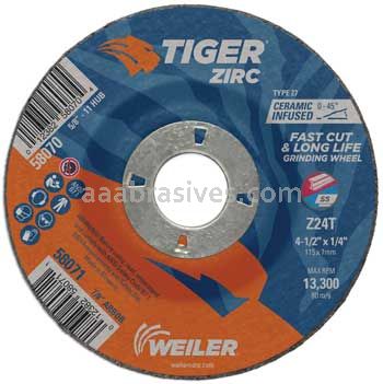 Weiler 58071 4-1/2" x 1/4" TIGER ZIRC Type 27 Grinding Wheel Z24T 7/8" AH