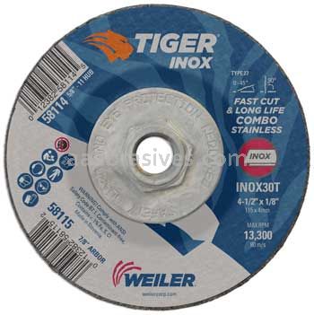 Weiler 58114 4-1/2" x 1/8" TIGER INOX Type 27 Cut/Grind Combo Wheel INOX30T 5/8"-11 Nut