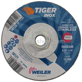 Weiler 58120 4-1/2" x 1/4" TIGER INOX Type 27 Grinding Wheel INOX24R 5/8"-11 Nut