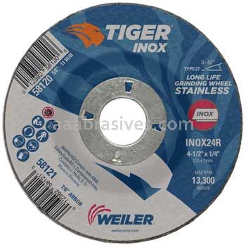 Weiler 58121 4-1/2" x 1/4" TIGER INOX Type 27 Grinding Wheel INOX24R 7/8" AH