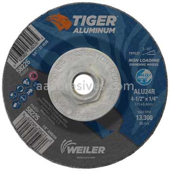 Weiler 58226 4-1/2" x 1/4" TIGER ALUMINUM Type 27 Grinding Wheel ALU24R 5/8-11 Nut