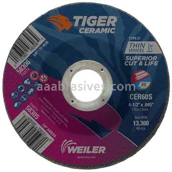 Weiler 58305 4-1/2" x .045" TIGER CERAMIC Type 27 Cutting Wheel CER60S 7/8 AH