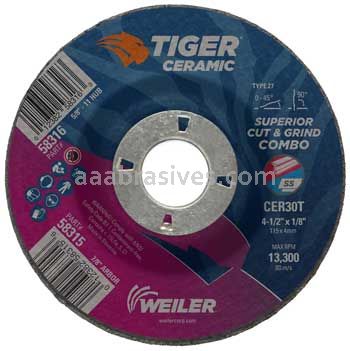 Weiler 58315 4-1/2 x 1/8 TIGER CERAMIC Type 27 Cut/Grind Combo Wheel CER30T 7/8 AH
